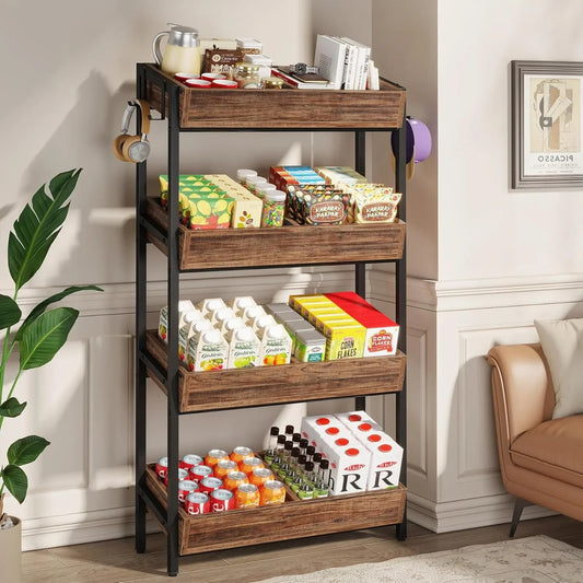 Four Tier Wooden Snack Stand With Heavy Duty Metal Frame