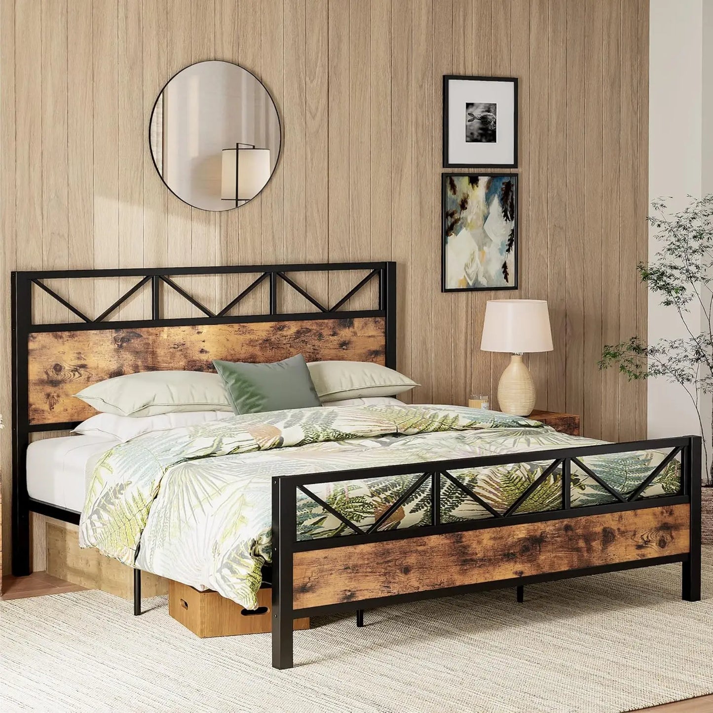 LIKIMIO Industrial Platform Bed Frame With Tall Headboard