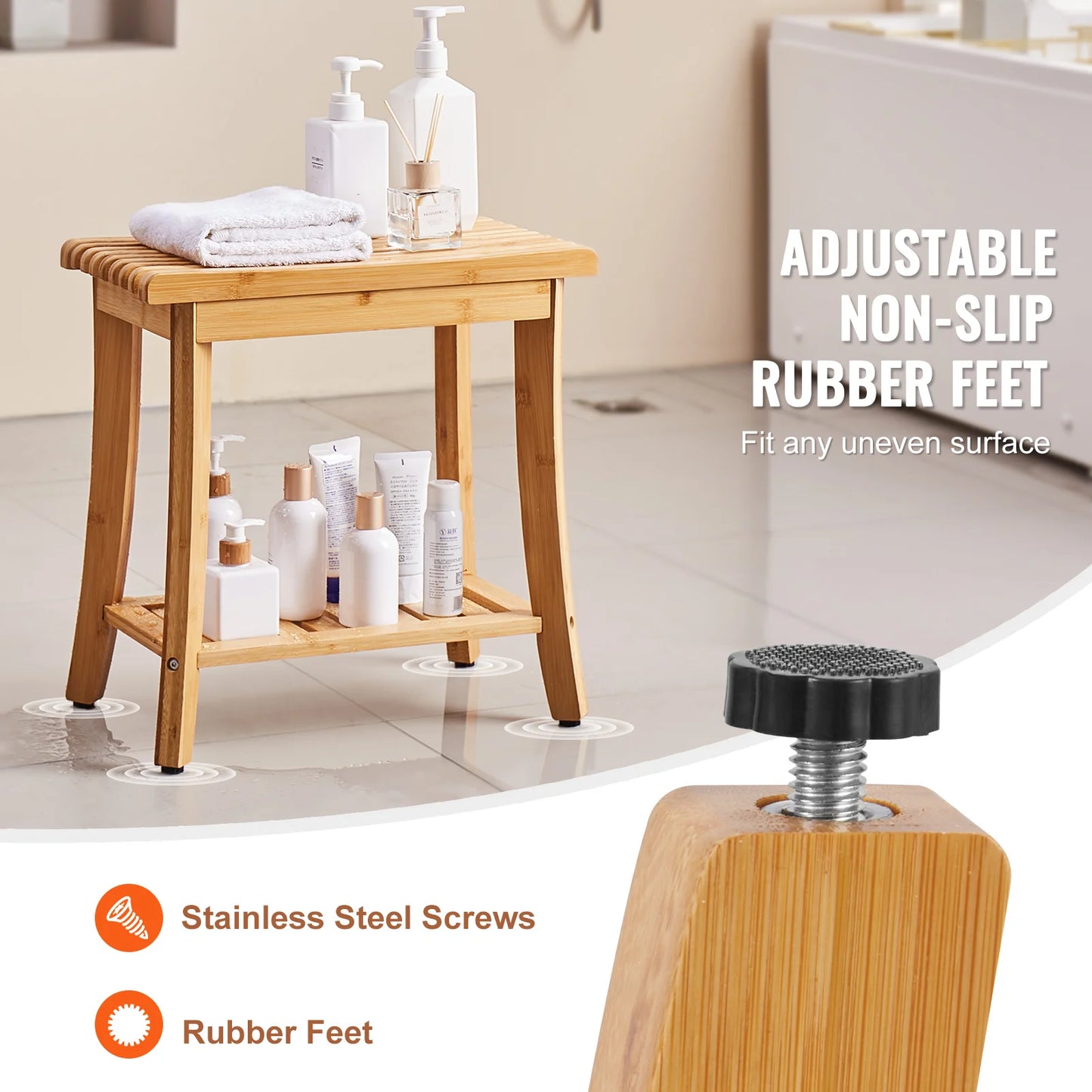 SucceBuy Bamboo Shower Bench With Storage Shelf 330lbs Load Capacity