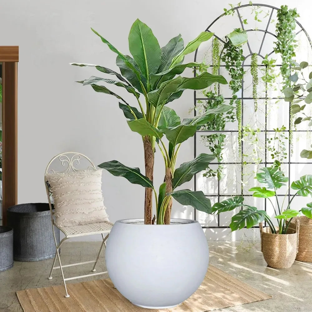 Large White Fiberstone Planter with Drainage Hole for Indoor Outdoor Use