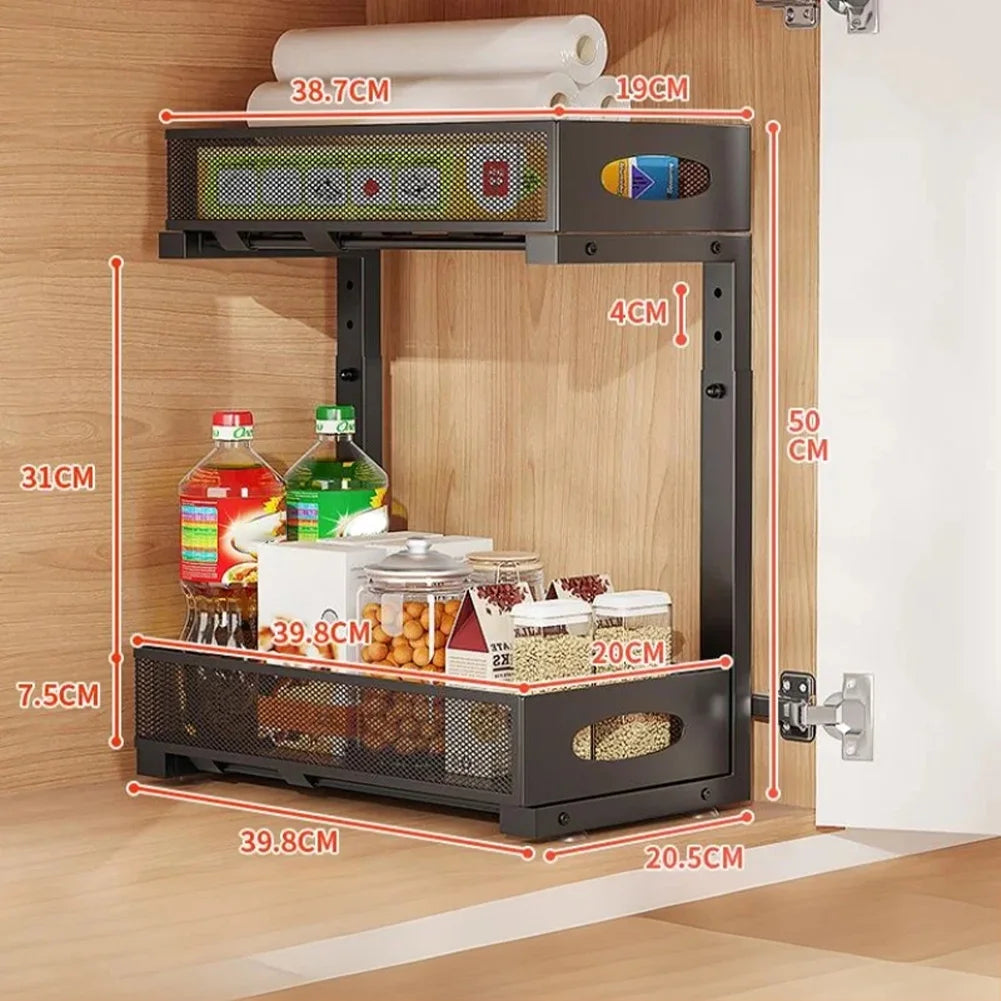 2 Tier Adjustable Under Sink Organizer with Sliding Drawer