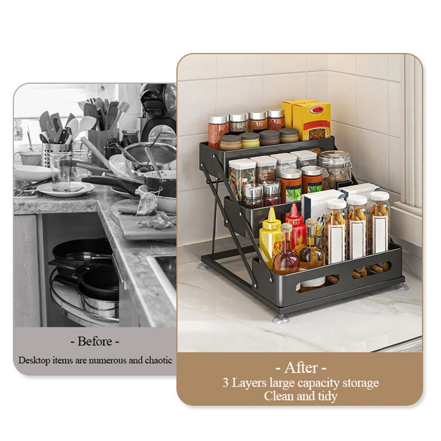 3 Layer Carbon Steel Kitchen Spice Rack Adjustable Height