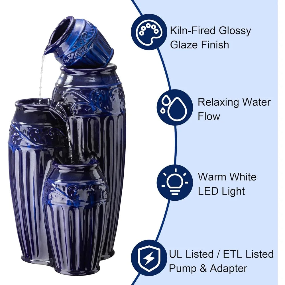 35.5 Inch Cobalt Blue Outdoor Water Fountain LED Lights