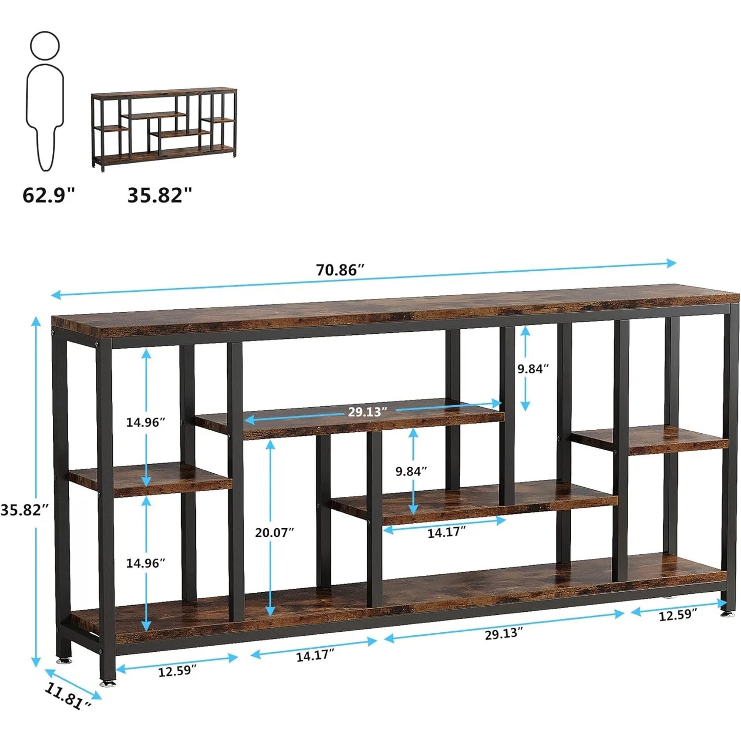 Console Sofa Table 70.9 Inch Long 3 Tier Industrial Brown