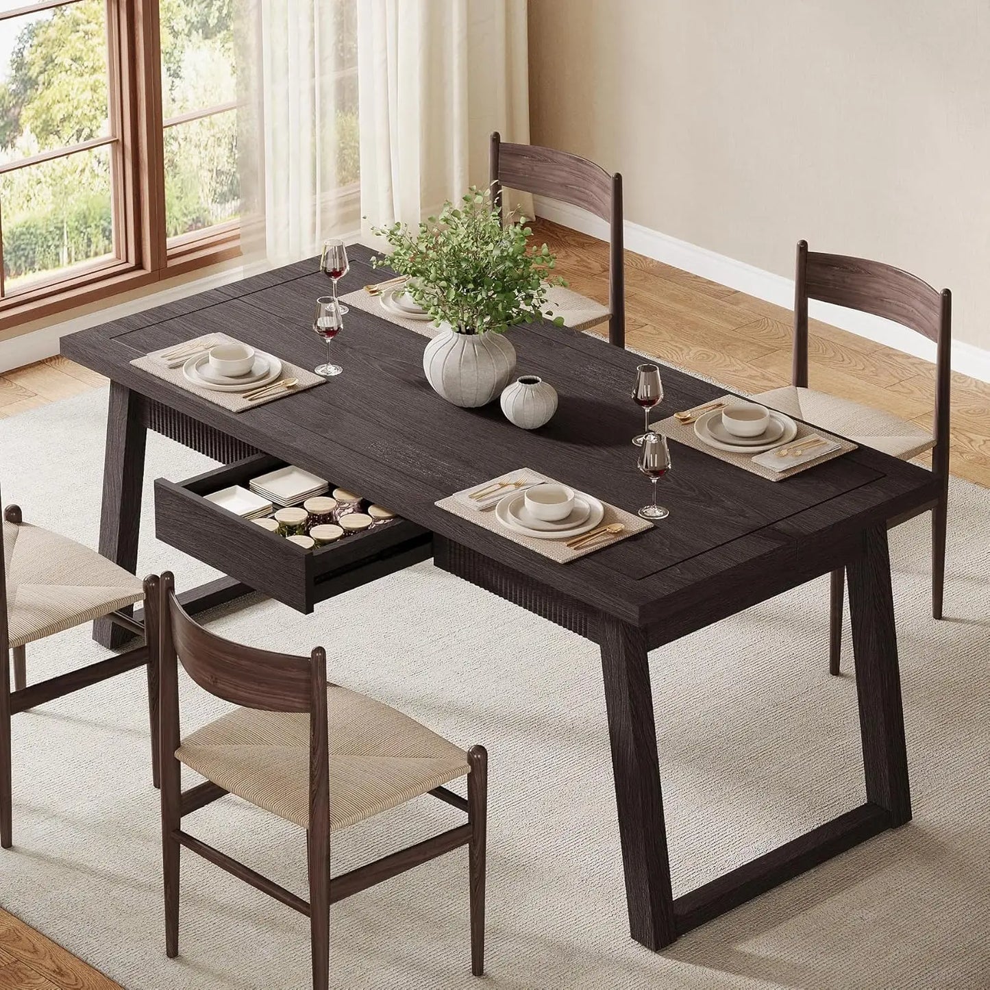 Modern Rectangular Dining Table with Storage Drawer for 4-6 People