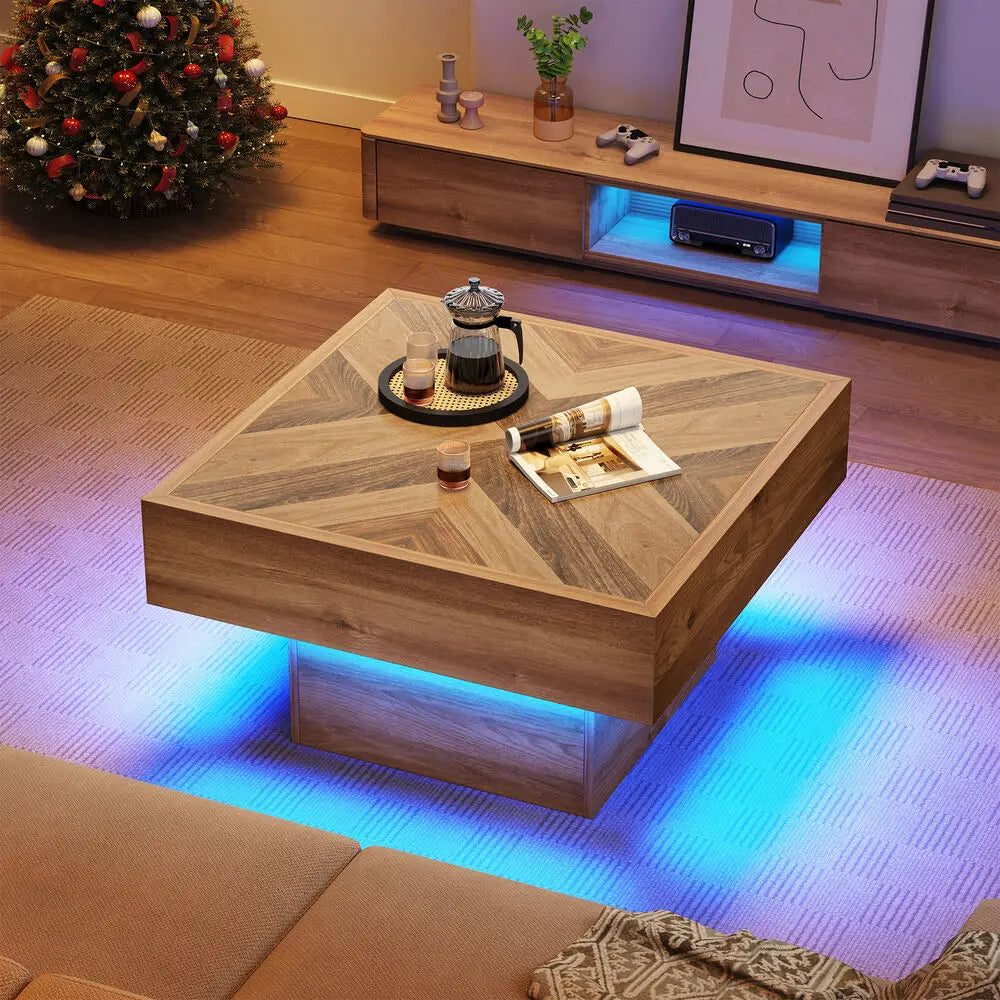 Square LED Coffee Table With 2 Drawers Modern Living Room