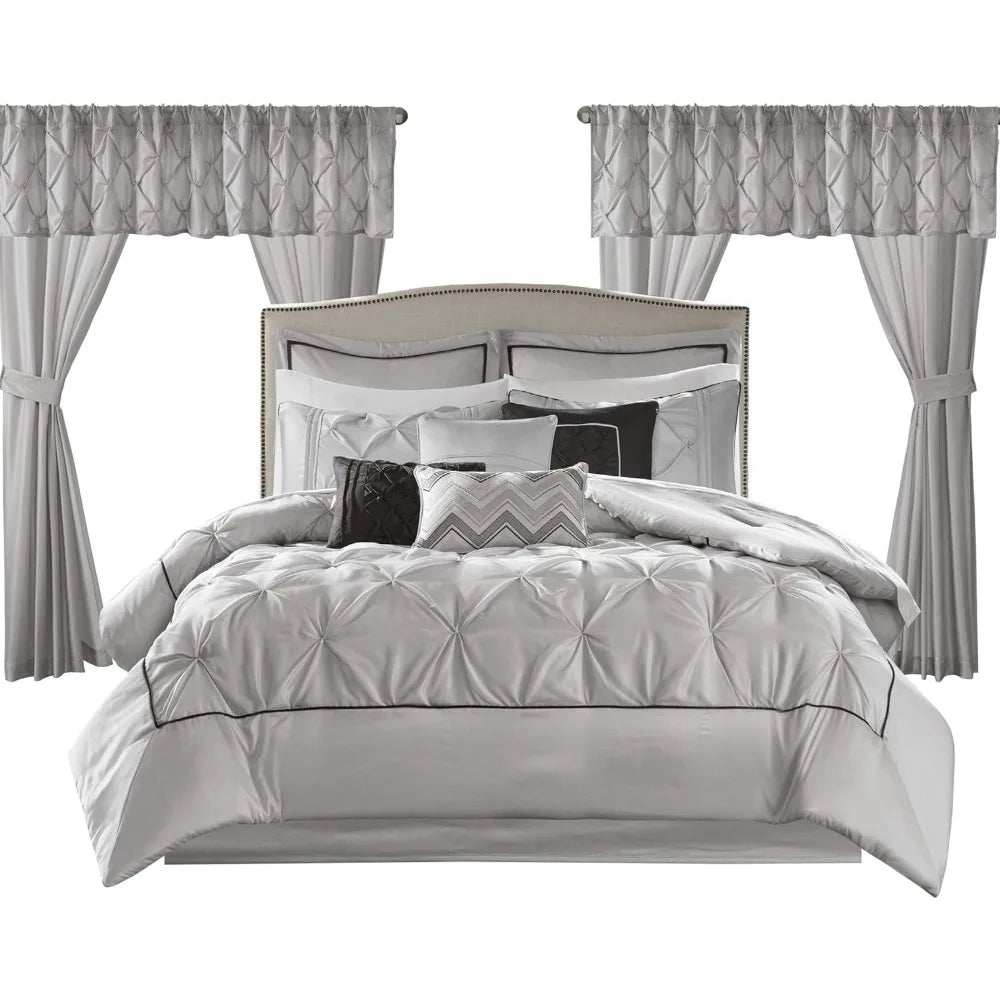 Grey Faux Silk Comforter Set With Luxe Diamond Tufting 24pc