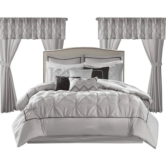 Grey Faux Silk Comforter Set With Luxe Diamond Tufting 24pc