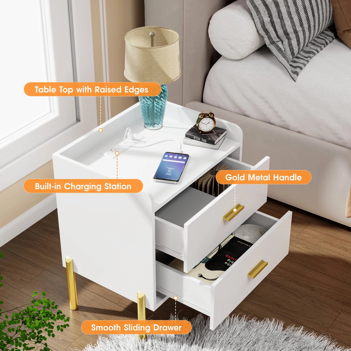 Vabches Nightstands Set Of 2 With Charging Station Drawers