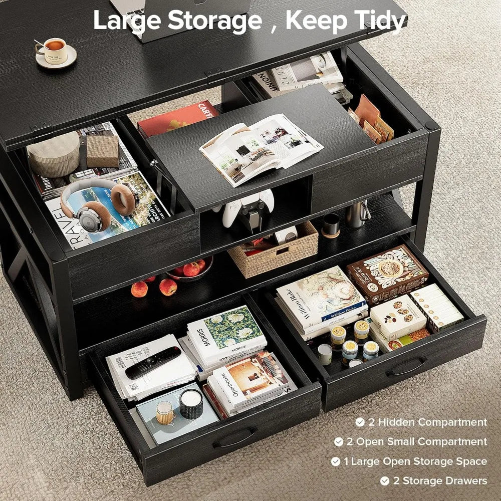 Lift Top Coffee Table Storage Drawers Hidden Compartment