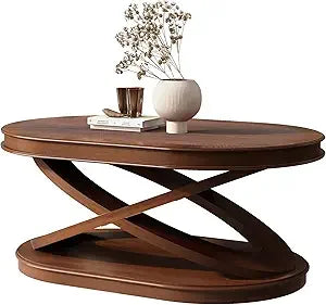 Vintage Walnut Oval Coffee Table 44 Inch Wood Center Table