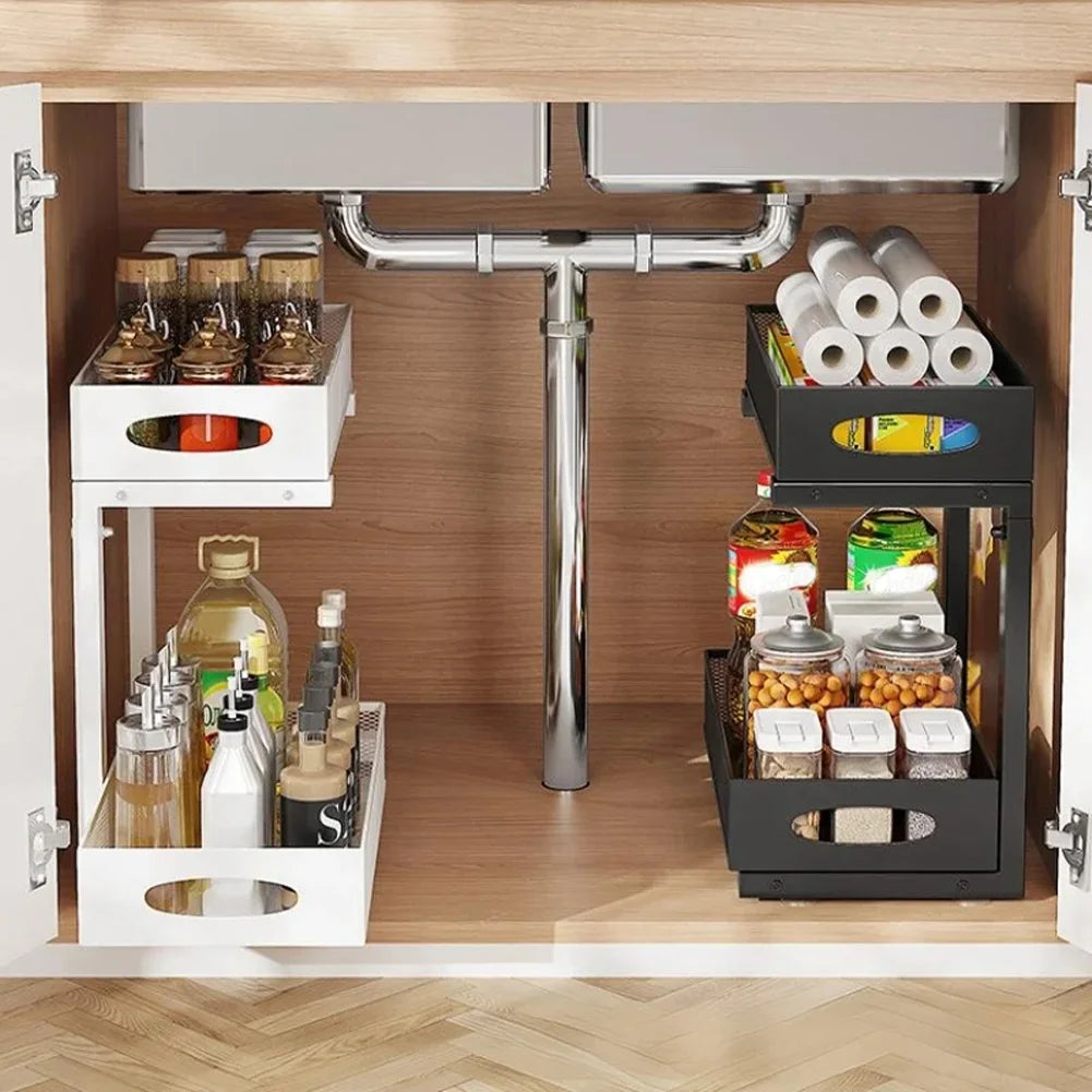 2 Tier Adjustable Under Sink Organizer with Sliding Drawer