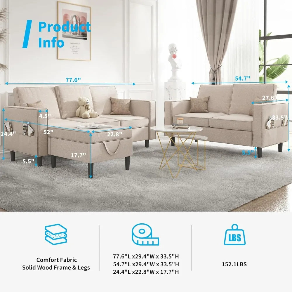 MKDK Sectional Sofa Set L Shaped 3 Piece Living Room