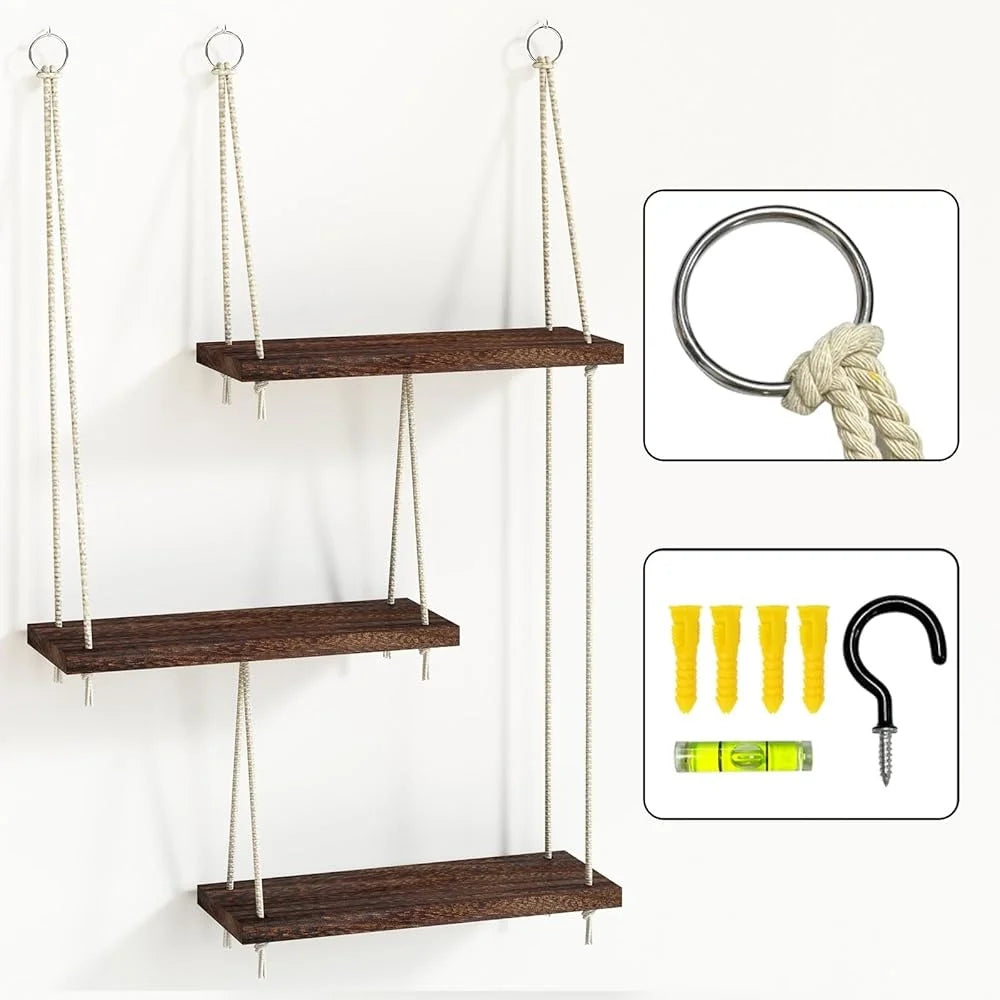 3 Tier Hanging Wall Shelves Boho Rustic Wood Decor Set