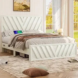 Full Bed With Adjustable Headboard Farmhouse Platform Bed LED Light