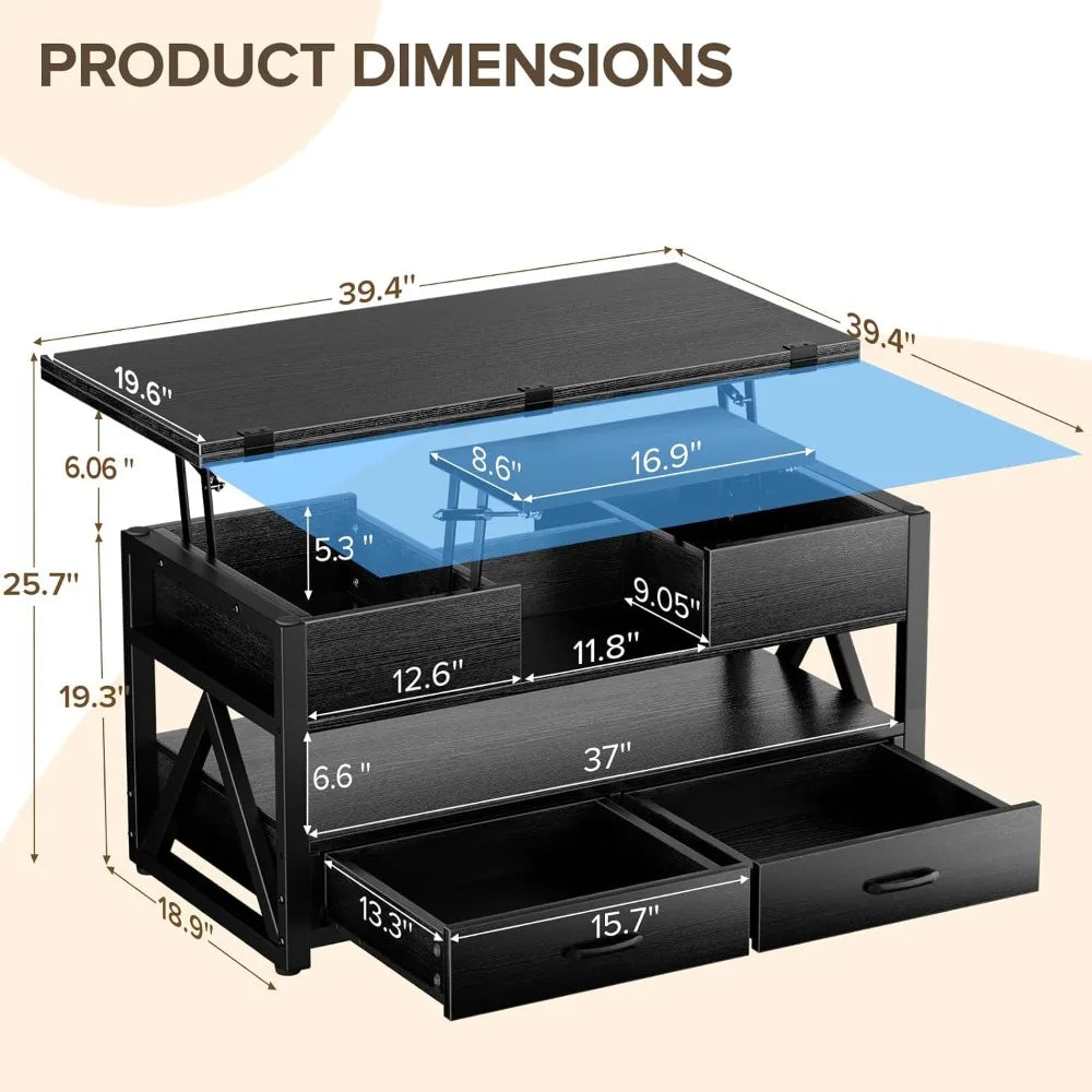 Lift Top Coffee Table Storage Drawers Hidden Compartment