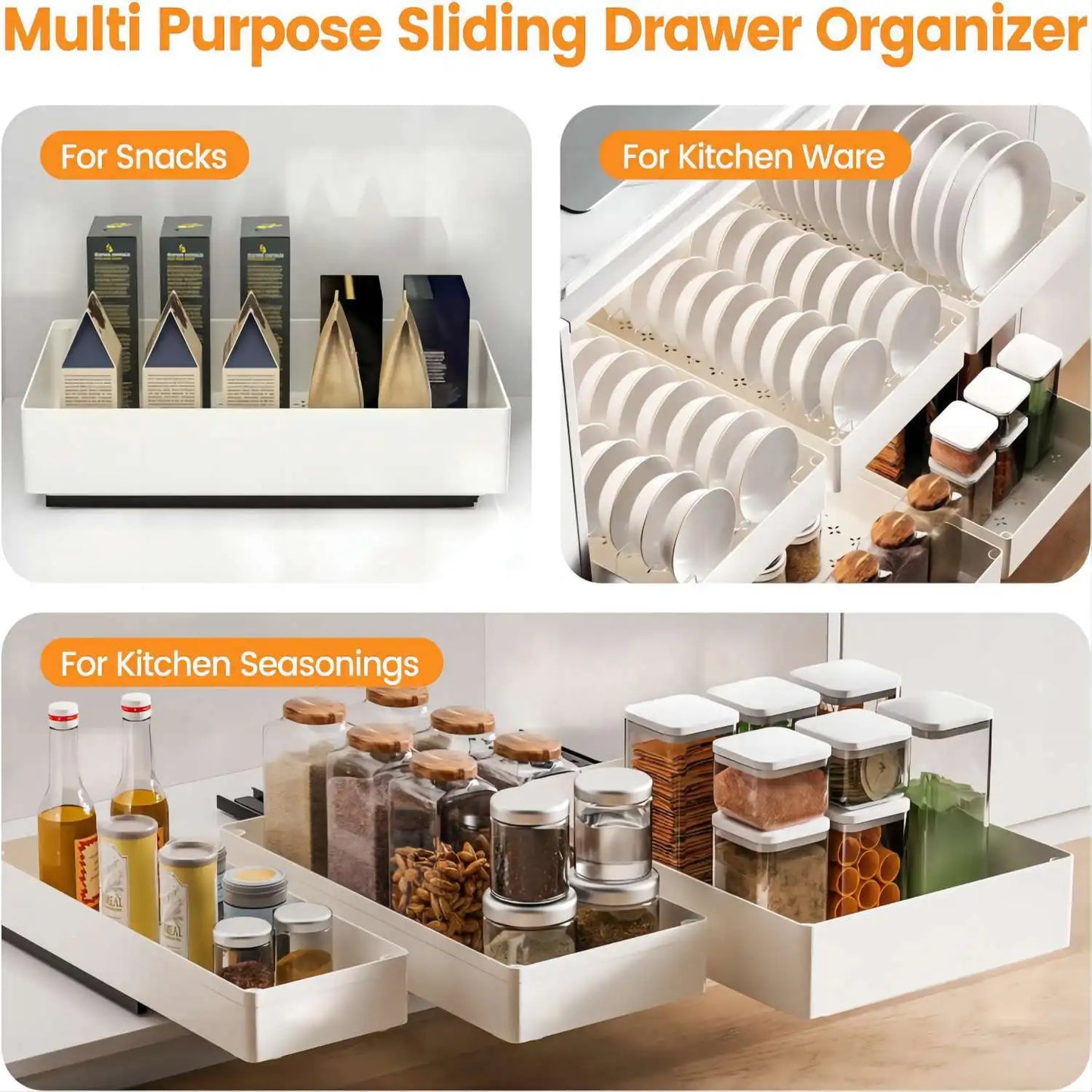 3Pc Kitchen Drawer Slide Rail Cabinet Organizer Basket S M L