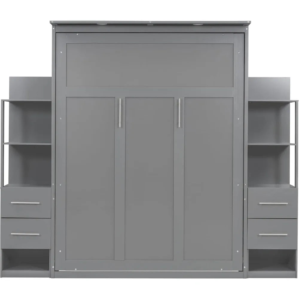 Queen Size Murphy Bed With LED Shelves And Drawers Gray