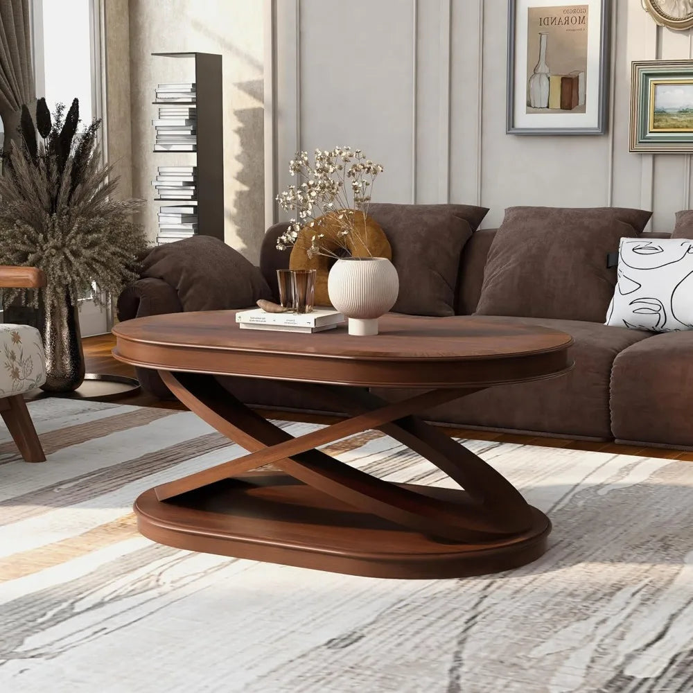 Vintage Walnut Oval Coffee Table 44 Inch Wood Center Table