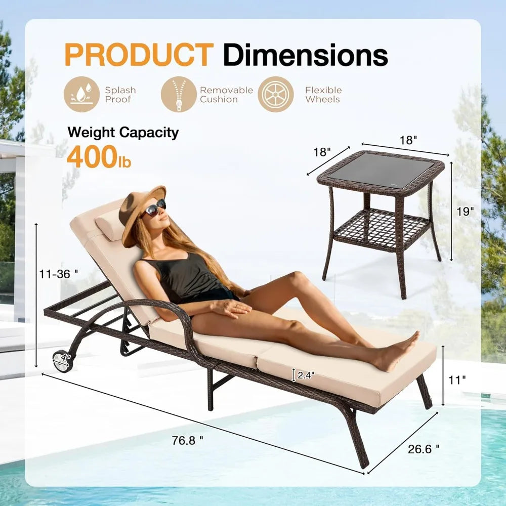 Wicker Chaise Lounge Chairs Set Of 2 With Side Table Wheels