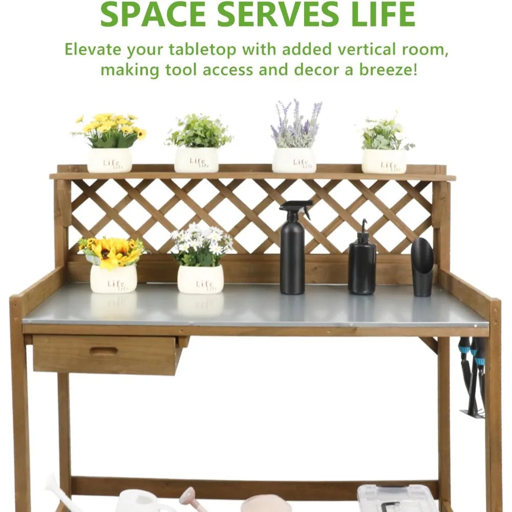Outdoor Wooden Potting Bench with Metal Top and Storage Solutions