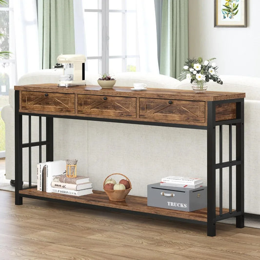 Entryway Table with 3 Drawers, 55” Console Table with Storage for Living Room, Rustic Sofa Table Behind Couch, Farmhouse Woo