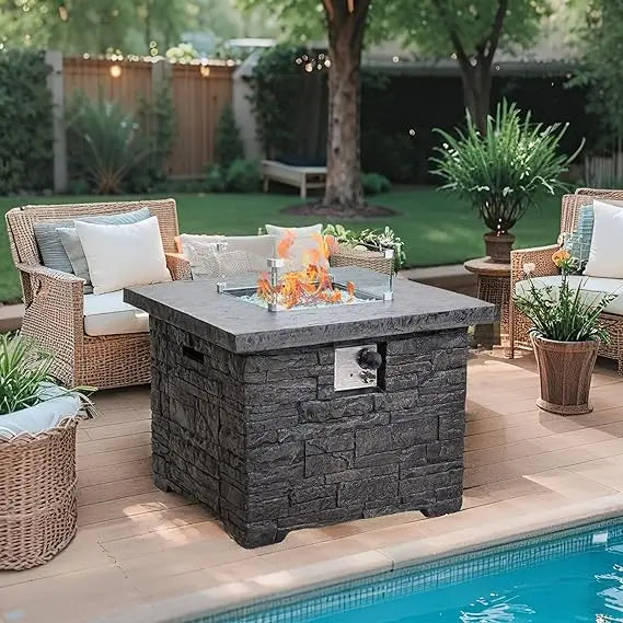 4 Piece Propane Fire Pit Table Set Glass Wind Guard 32 Inch