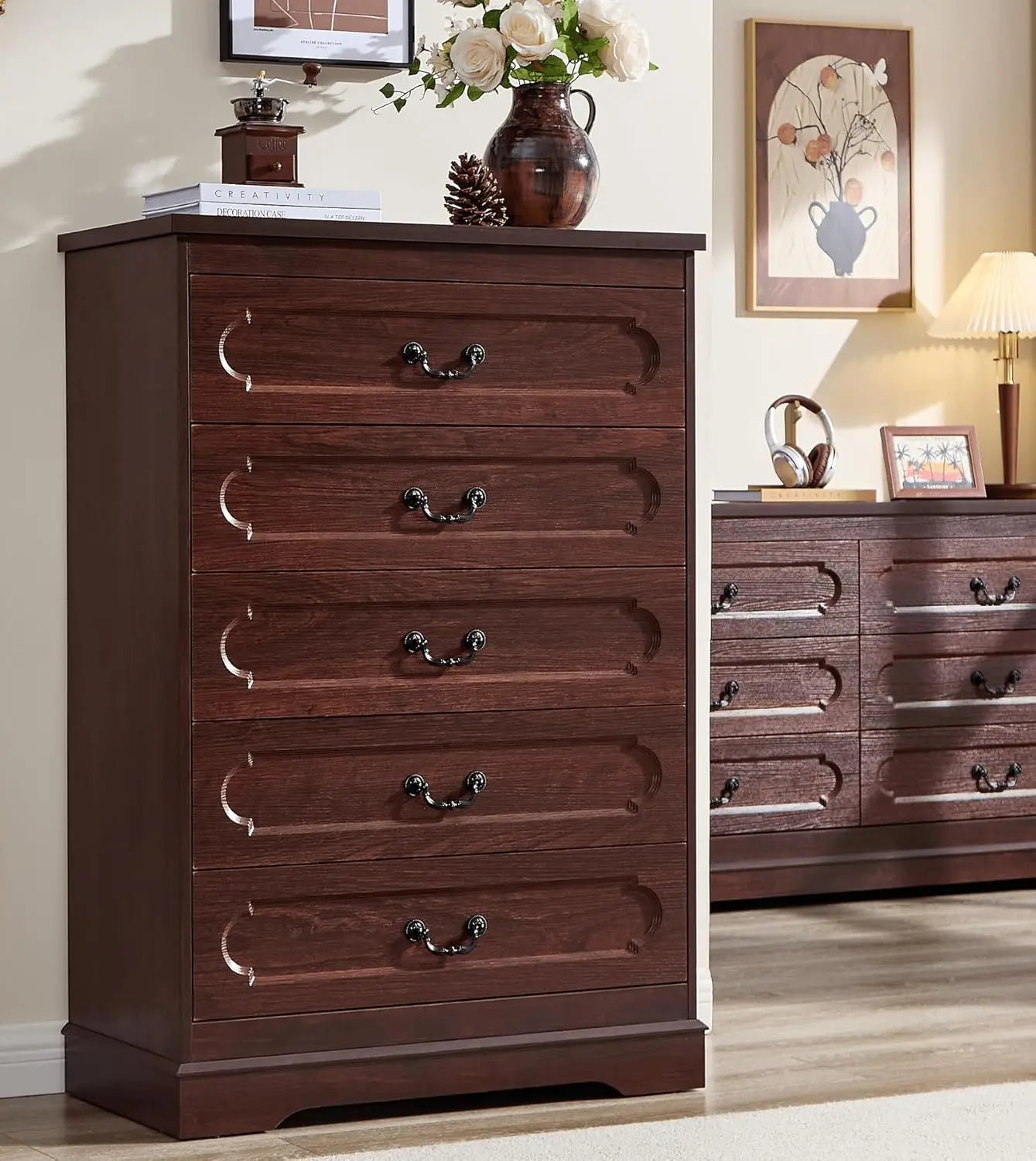 5 Drawer Dresser For Bedroom Farmhouse Cherry Wood