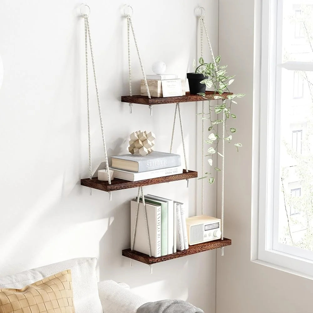 3 Tier Hanging Wall Shelves Boho Rustic Wood Decor Set