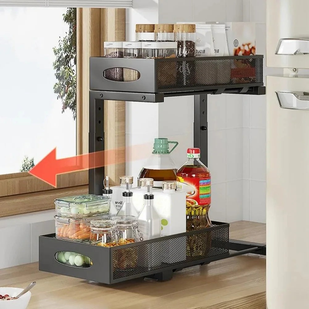 2 Tier Adjustable Under Sink Organizer with Sliding Drawer