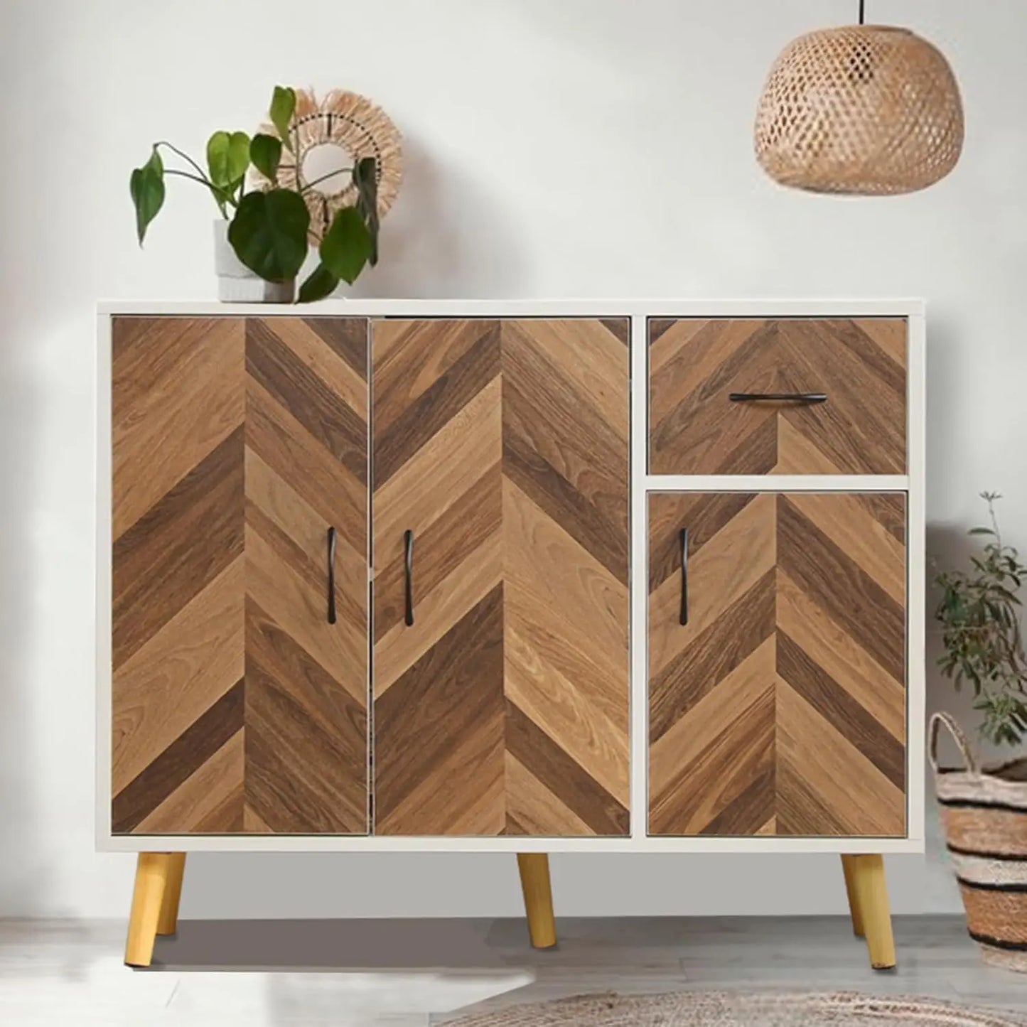 35 Inch Side Panel Buffet Cabinet With 3 Doors And Drawer