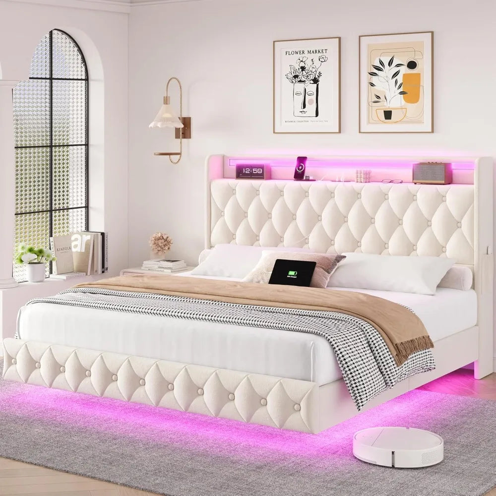 Keyluv Floating Bed Frame With LED Lights USB Charging