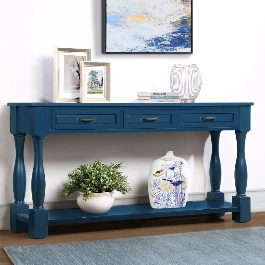 63 Inch Long Wood Console Table With 3 Drawers Navy Blue