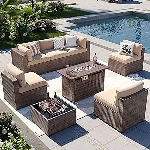 8-Piece Wicker Patio Furniture Set with Firepit Table
