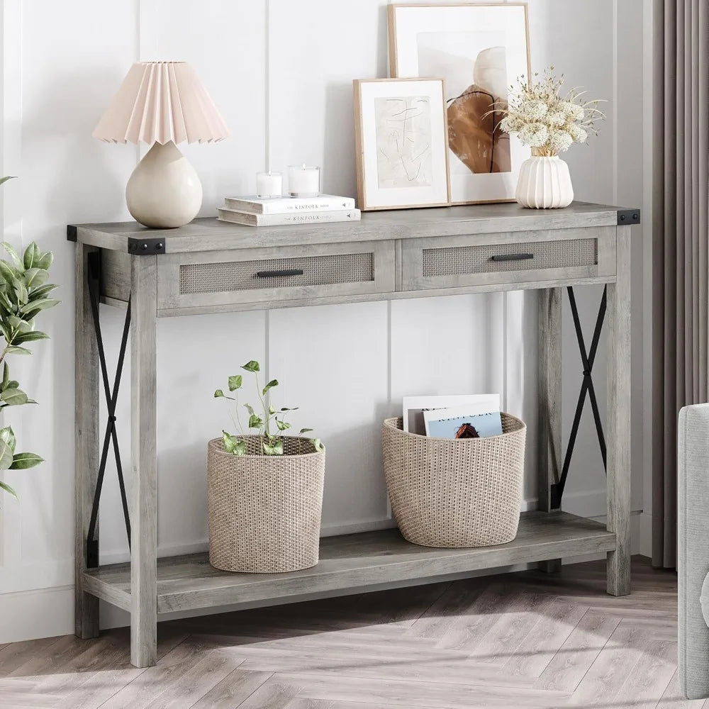 Farmhouse Entryway Console Table With Rattan Drawers 43 Inch