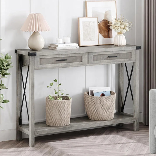 Farmhouse Entryway Console Table With Rattan Drawers 43 Inch