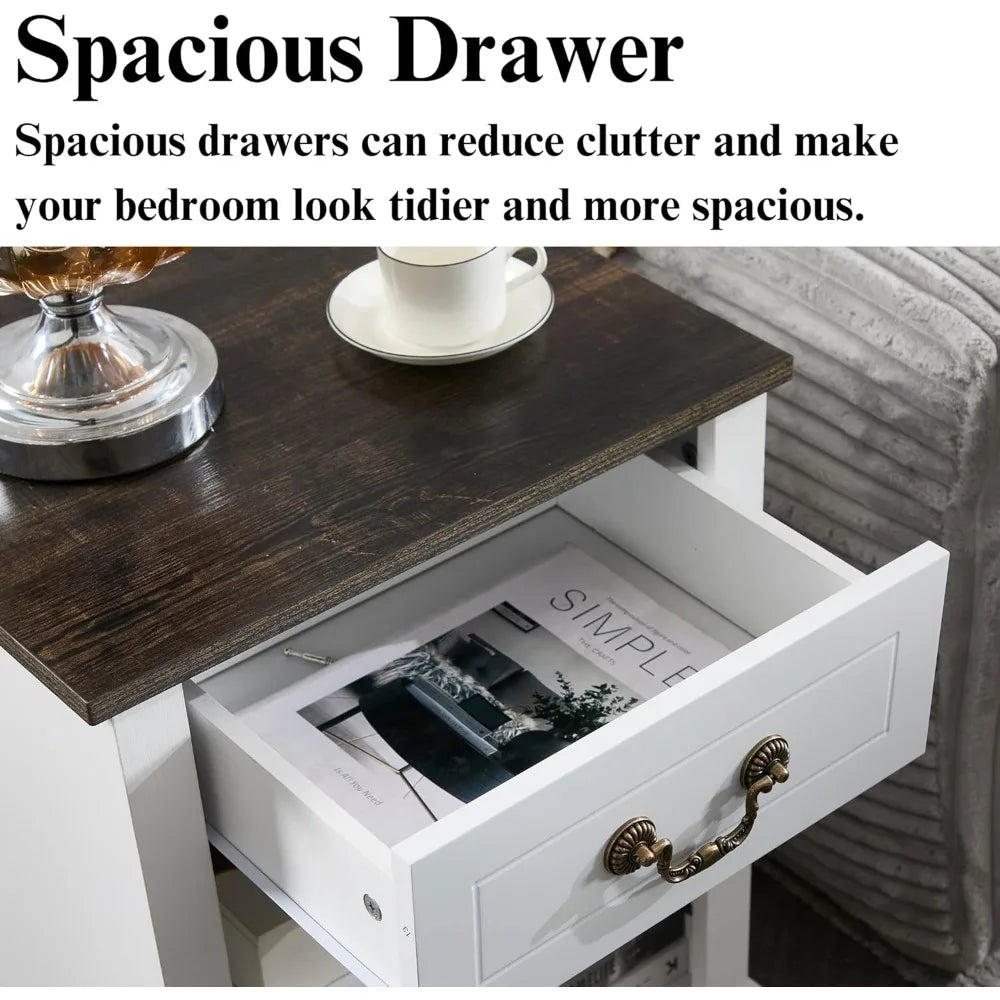 19 Inch Farmhouse Nightstand With Drawers And Shelves