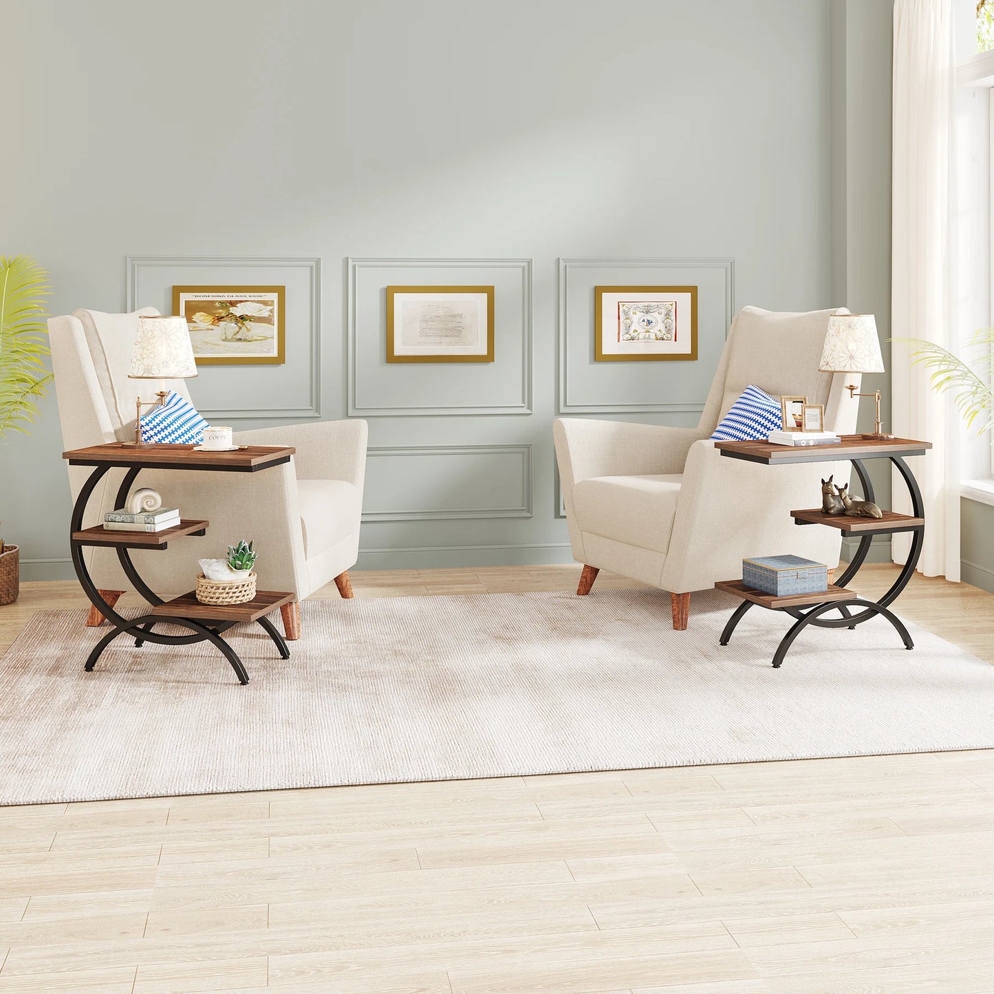 Tribesigns C Shaped End Table 3 Tier with Storage Shelves