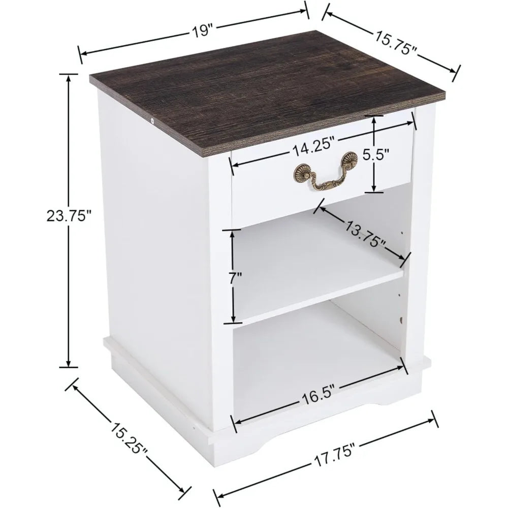 19 Inch Farmhouse Nightstand With Drawers And Shelves