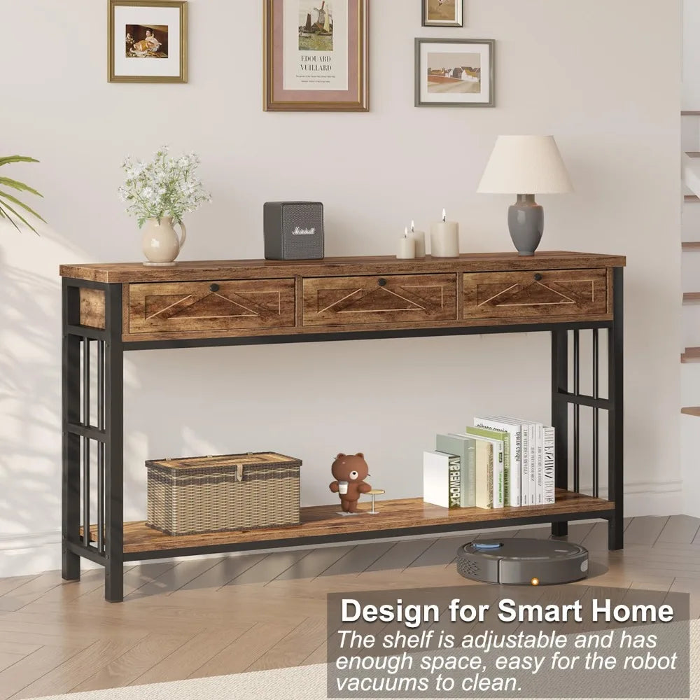 Entryway Table With 3 Drawers 55 Inch Rustic Console Storage