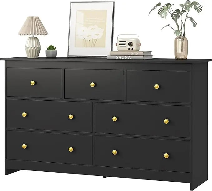 7 Drawer White Wooden Dresser 55 Inch Golden Handles Modern