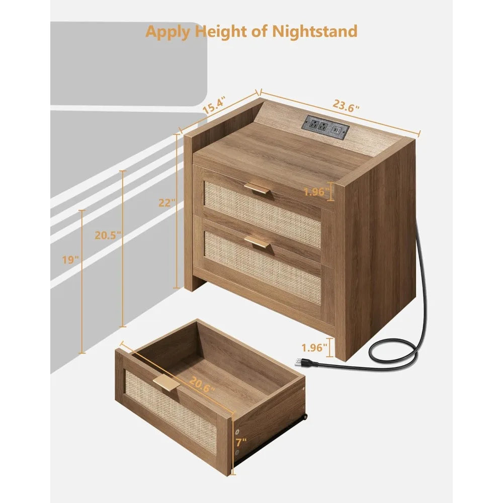 Vine Bedside Table With Type C Charging Station And Drawers