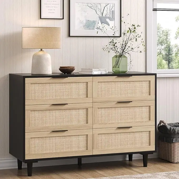 Rattan Dresser 6 Drawer Boho Farmhouse Chest of Drawers