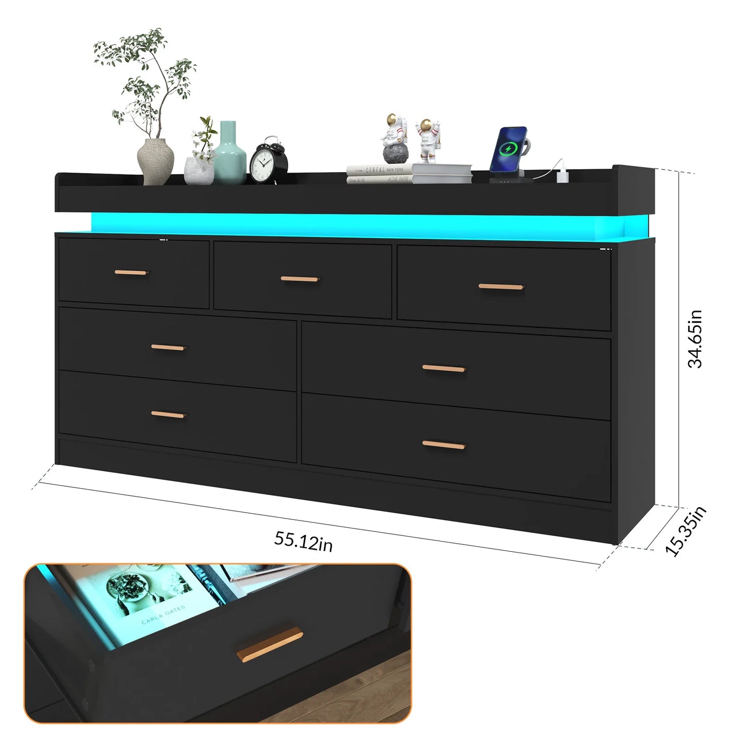 7 Drawer Dresser With LED Light And Charging Station For Bedroom