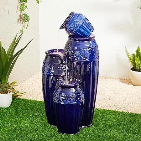 35.5 Inch Cobalt Blue Outdoor Water Fountain LED Lights