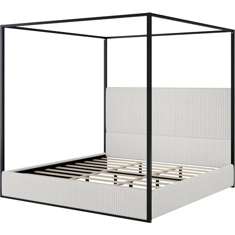 Linique King Size Metal Canopy Bed Velvet Headboard White