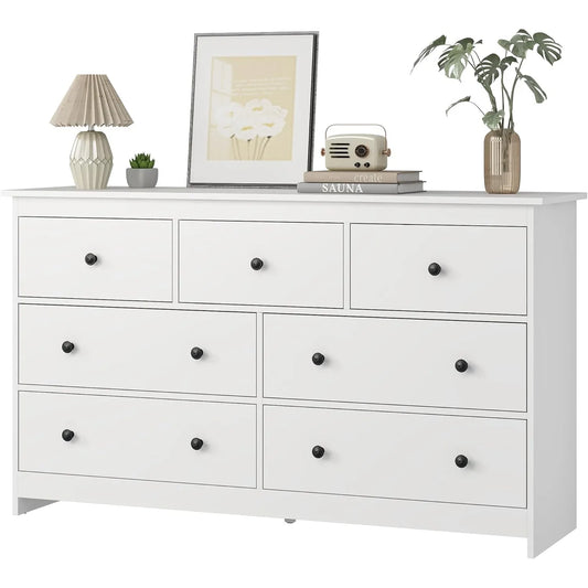 7 Drawer White Wooden Dresser 55 Inch Golden Handles Modern