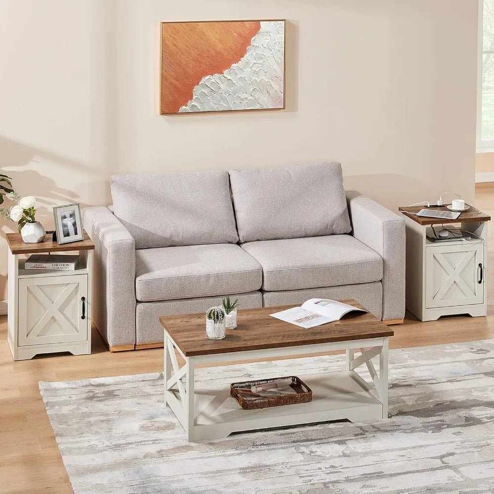 Farmhouse 3-Piece Living Room Table Set with USB Charging