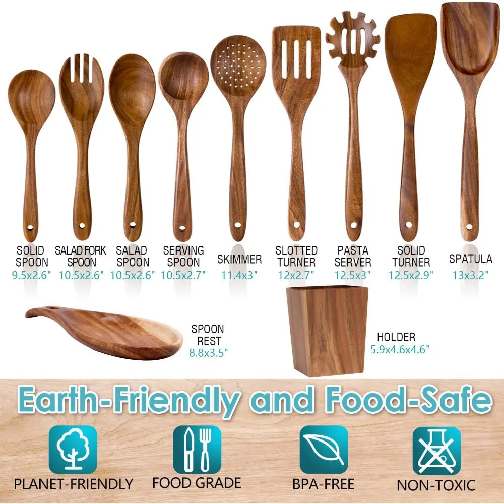Acacia Wood Utensils Set 11 Piece Tools Holder Spoon Rest