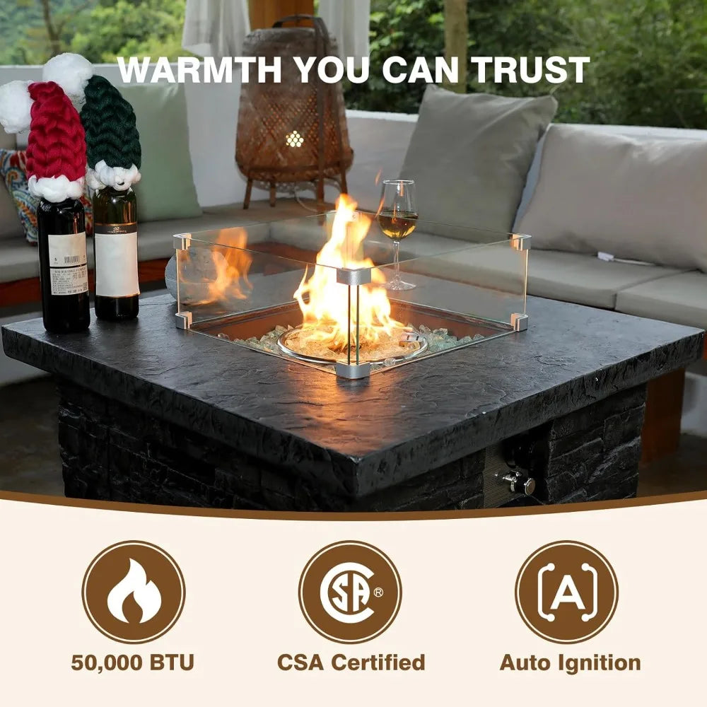 4 Piece Propane Fire Pit Table Set Glass Wind Guard 32 Inch